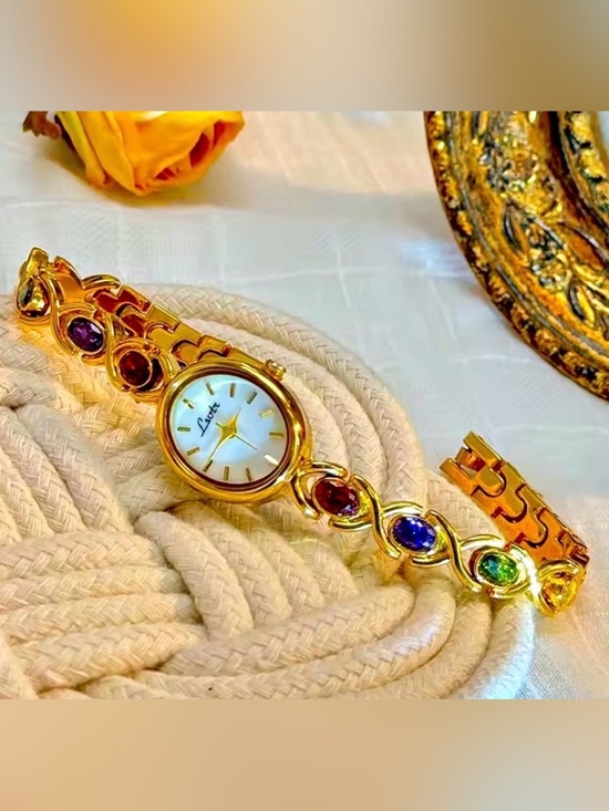 Anthropologie Accessories - Gold-tone High-End Women's Bracelet Watch with Multicolor Gem Accents
